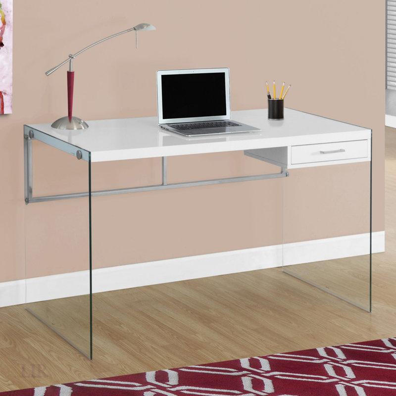 Bureau d'ordinateur contemporain blanc brillant avec verre trempé transparent et tiroirs de rangement pour le bureau à domicile, idéal pour les petits espaces