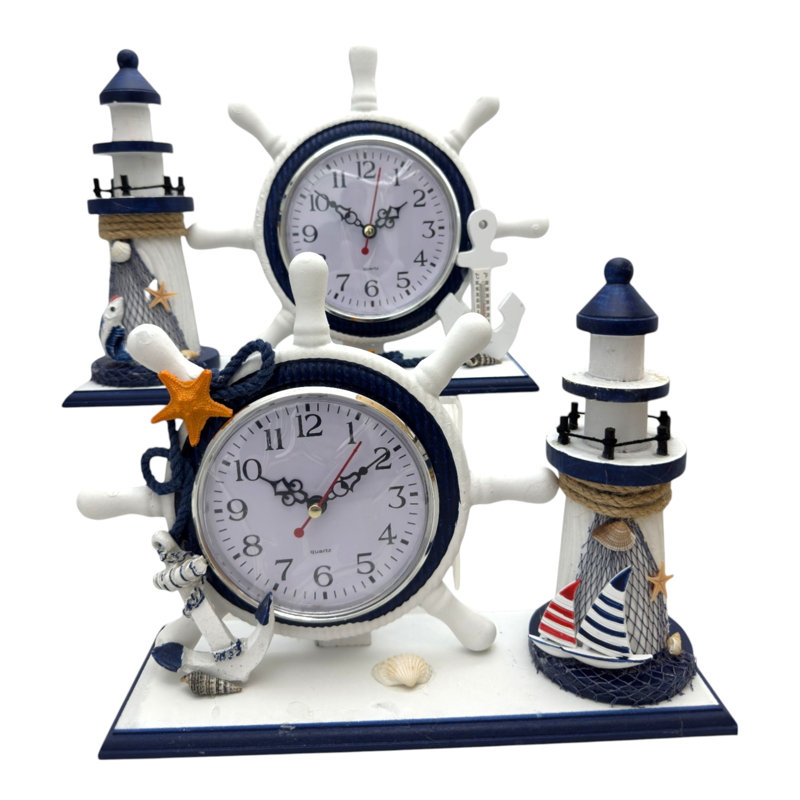 Ensemble de 2 horloges de table assorties à thème nautique sur phare et roue de bateau