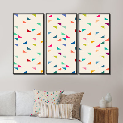 Multicolore Triangles On Yellow - ensemble de 3 reproductions d'art encadrées sur toile