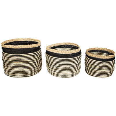 Set Of 3 Tan And Black Striped Seagrass Storage Baskets With Braided Trim 17"