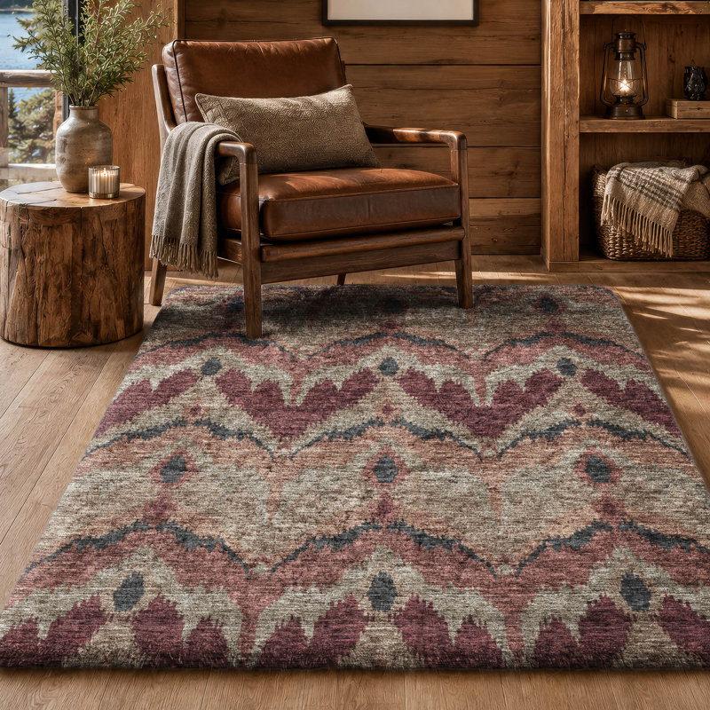 Tapis Dream Shag ADS743 Ikat lavable à la machine de qualité supérieure, Bourgogne, 10' x 14'