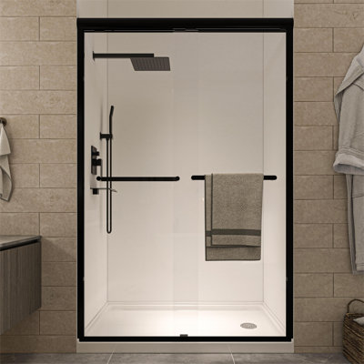Porte de douche coulissante double encadrée, 46-48 po L x 72 po H, en noir mat avec verre trempé transparent et double poignée.