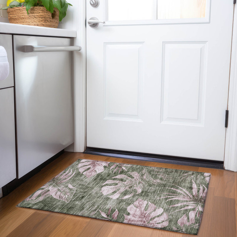 Machine Washable Indoor/Outdoor Xhevrie Olive Rug, Rectangle 1'8" x 2'6"