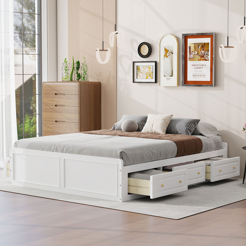 Wood Queen Size Storage Bed With Drawers, White