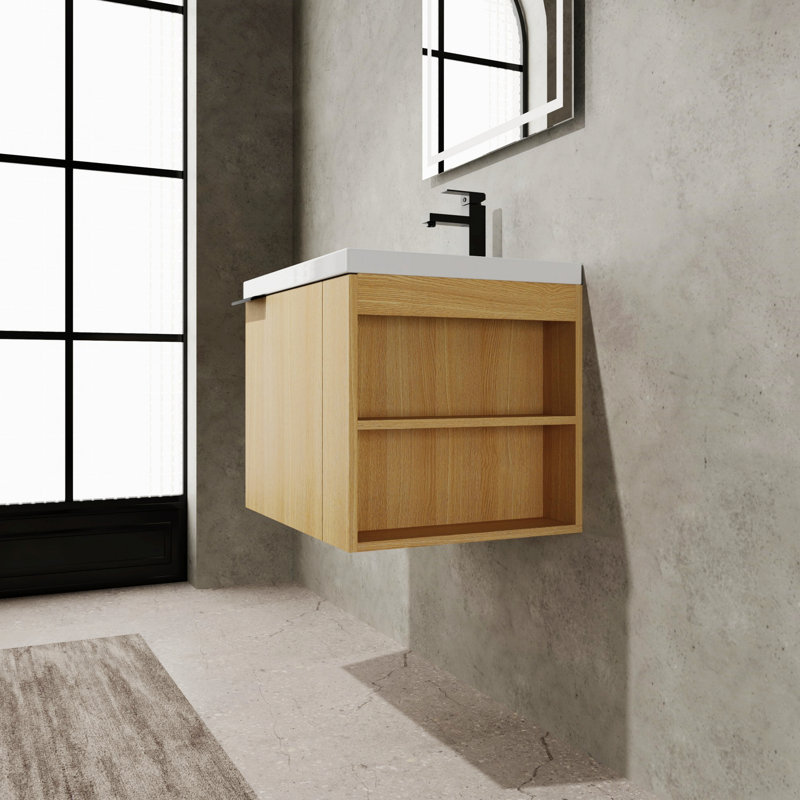 Meuble-lavabo contemporain avec cadre en bois avec lavabo et armoire de salle de bain, Chêne