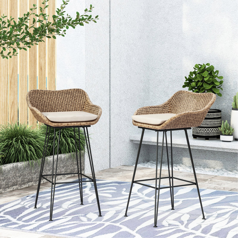Aranza Outdoor Wicker And Iron Barstool, Dark Brown, Set of 2