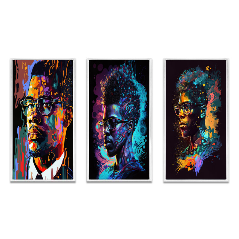 «Malcolm X Illustration», 3 pièces sur toile, Cadre flottant blanc, H 28 po x l 36 po