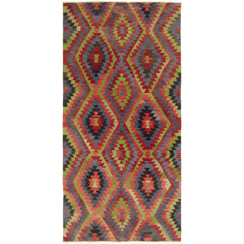 Tapis vert/noir/rouge 5 pi 6 po x 11 pi en laine one-of-a-kind fait main kilim Sagamore