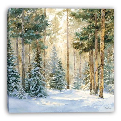 Sunlit Snowy Pine Forest Wrapped Canvas Wall Art