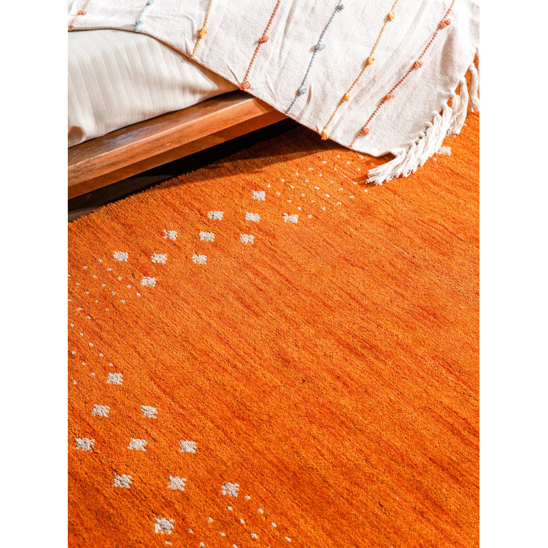 Anley Hand Knotted Loom Wool Eco-Friendly Area Rugs - Square, Orange Color, Contemporary Modern Design, High Pile Thick Handmade Anti Skid Area Rugs for Living Room, Bed Room