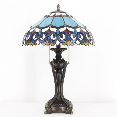 Tiffany Stained Glass Table Lamp 16X16X24 Inch Blue Jewelry Baroque Style Desk Bedroom Living Room Antique Reading Light