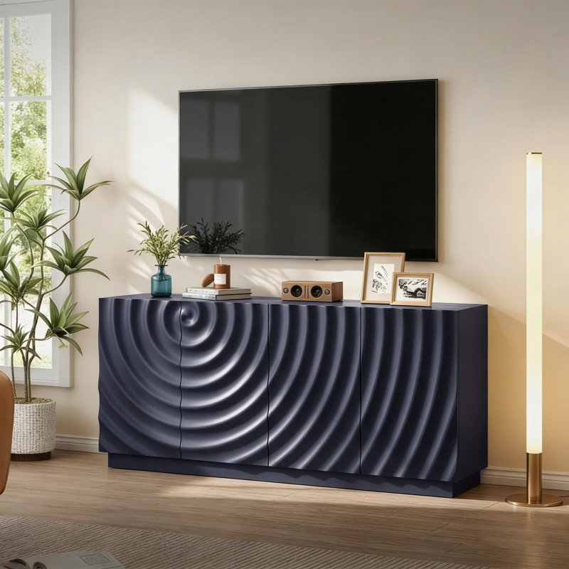 Buffet Paulsboro 150 cm avec motif en spirale, meuble de rangement moderne à 4 portes pour la cuisine ou le salon, bleu, Bleu