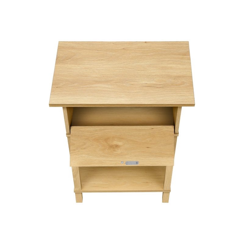 Table de chevet à 2 niveaux avec stratifié naturel et panneau pour le rangement de la chambre à coucher, tiroir de rangement pratique et pratique de 24 po de hauteur, ou table de chevet