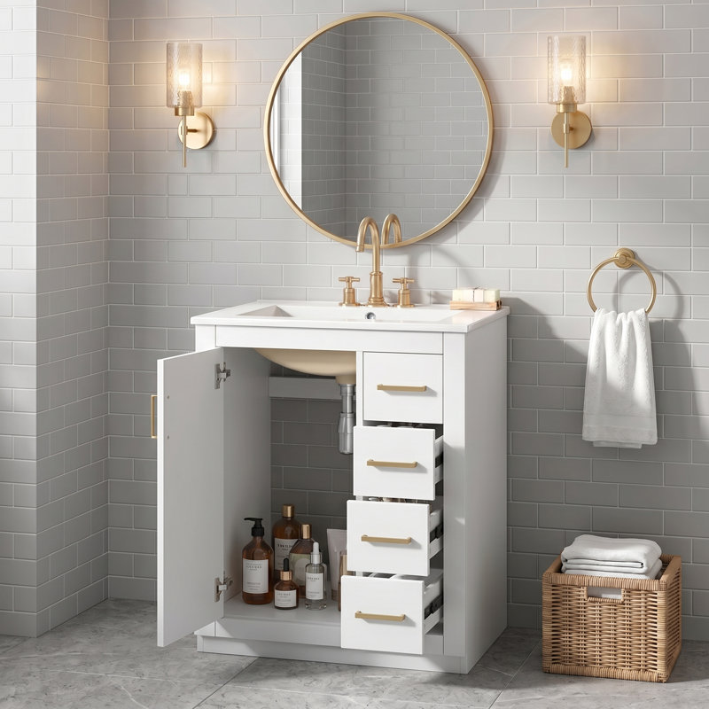 Meuble-lavabo 24 po avec lavabo intégré, 1 armoire de porte et 3 tiroirs de rangement, quincaillerie à fermeture en douceur, finition peinte, blanc