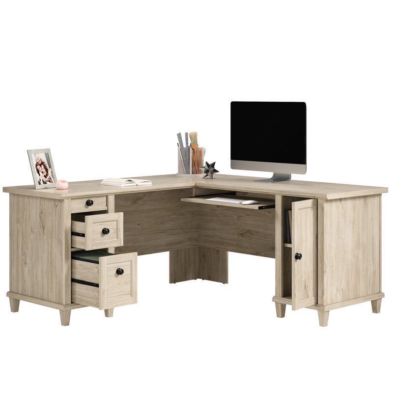 Bureau en L avec rehausse Belmeade, Chêne craie