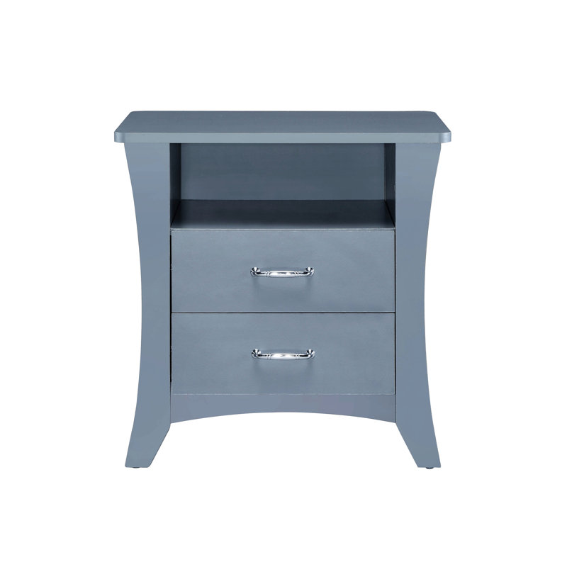 Table de chevet à finition grise avec 2 tiroirs et un compartiment ouvert pour l'organisation de la chambre à coucher, Gris
