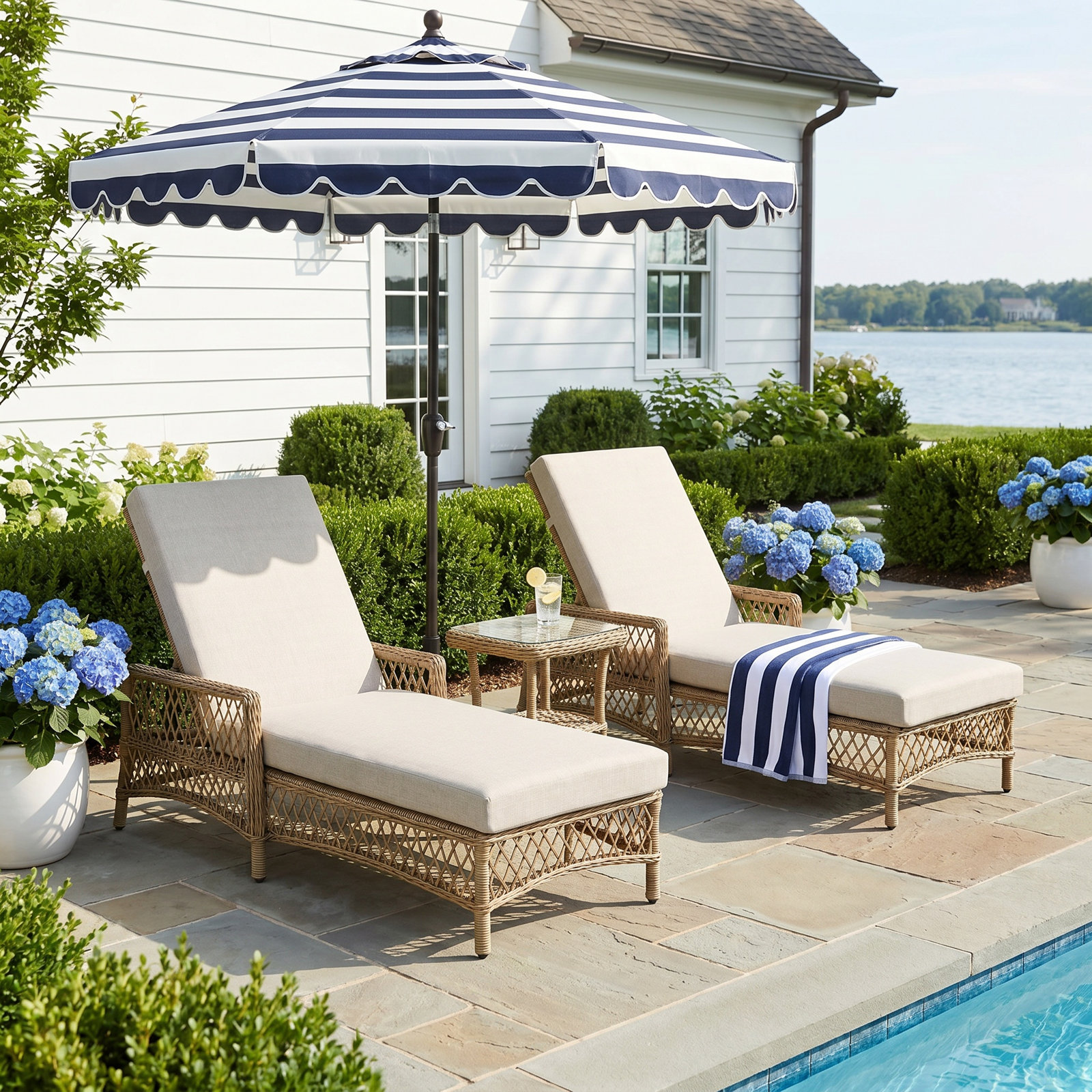 Kyla 3-Piece Wicker Patio Chaise Lounges with Side Table and Cushions