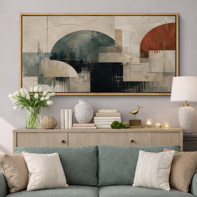 Teal Rust Arch Geometric Abstract Artwork, Office Pictures, Framed Canvas Giclee Print 3 Pieces Wall Art