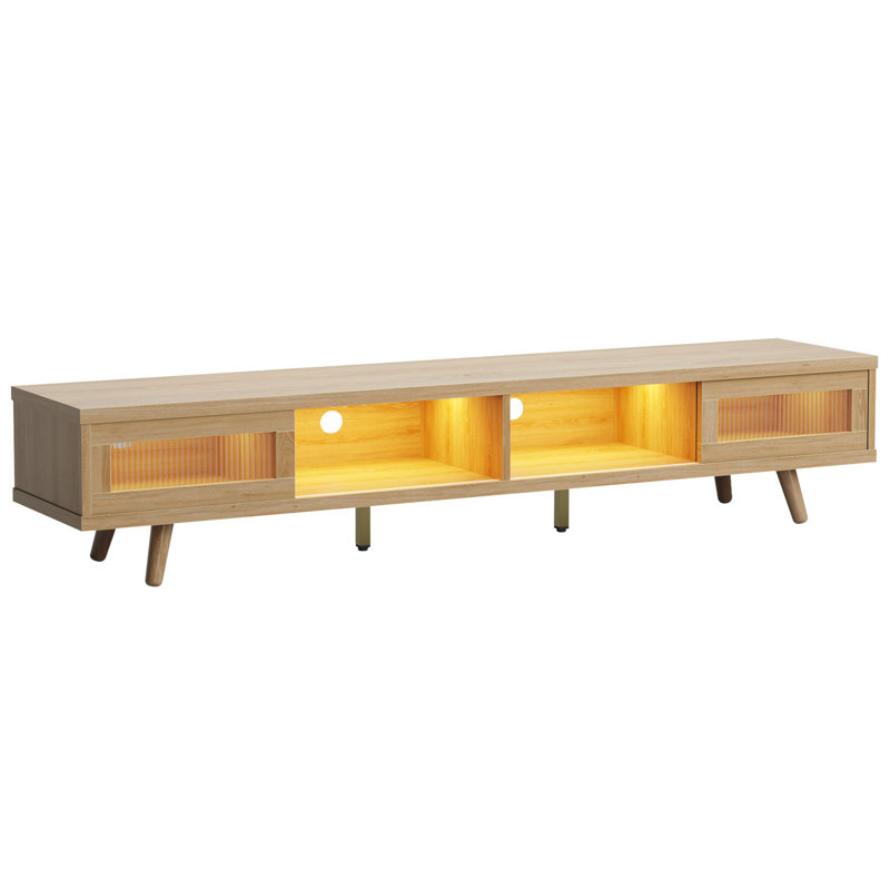 70'' Mid-Century Modern TV Stand with LED Lights Sliding Doors, Media Console for TVs up to 75'', Wood