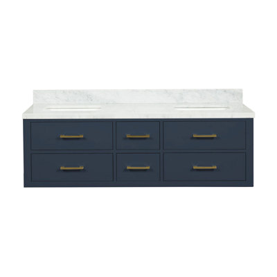 Meuble-lavabo double 60 po bleu X P 22 po D, avec plateau en marbre de Carrare