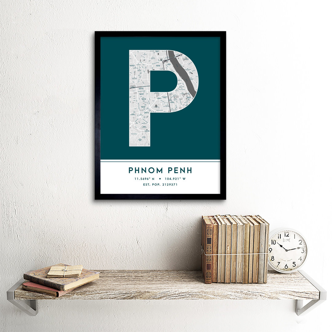 Phnom Penh Cambodia City Map Teal - Single Picture Frame Typography