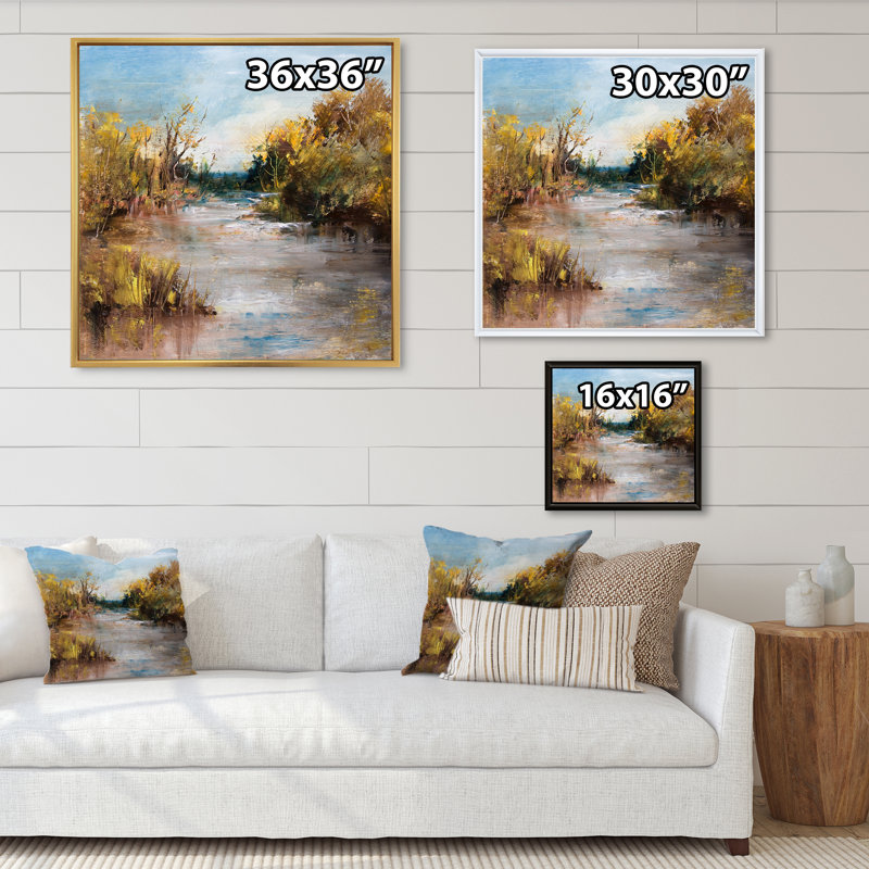 Illustration de paysage de rivière d'été VII - sur, H 16 po x l 16 po x P 1 po, Cadre flottant doré
