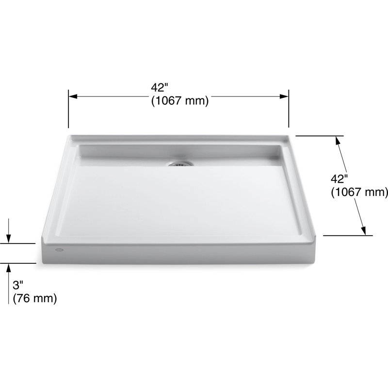 Groove 48" x 36" Single Threshold Rear Center Drain Shower Base, White, 42" W x 42" D
