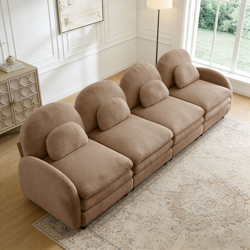 Canapé en tissu Teddy Cloud, dossier incurvé et accoudoirs avec coussins lombaires, Camel+4Seat