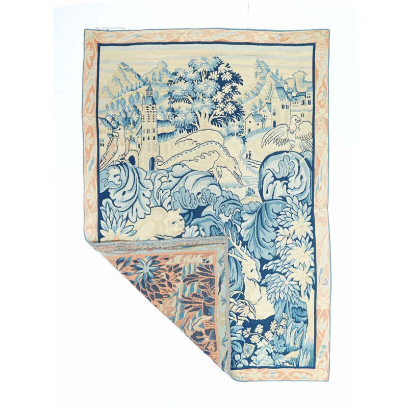 Tapis bleu en laine noué à la main de conception unique 4 pi 2 po x 6 pi 1 po