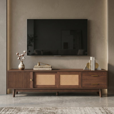 Mid Century Tv Stand For 80" Tvs, 70.9" Modern Media Console With Sliding Doors And Drawers For Living Room, Bedroom - Walnut