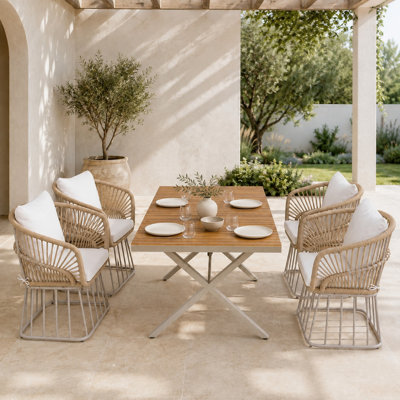 Ensemble de salle à manger d'extérieur 5 pièces avec table en bois de teck et chaises en osier