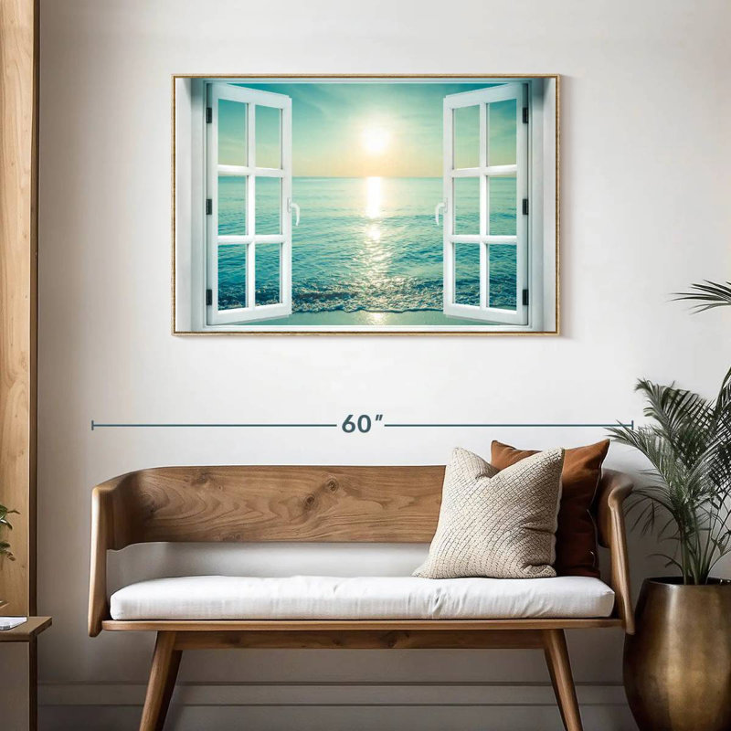 Fenêtre sur le paysage marin, Cadre flottant en bois naturel, 43 po x 29 po