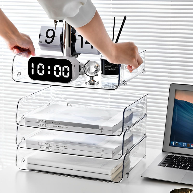 Ensemble de 4 organisateurs de papier pour bureau, support de livre empilable pour plateau de classe, bureau et plus, transparent