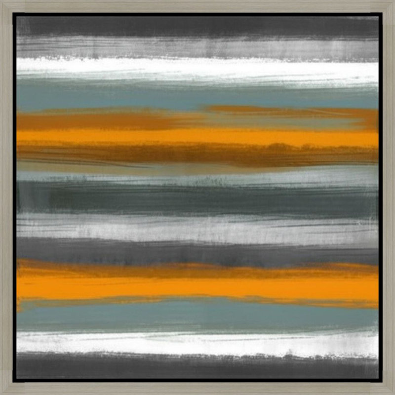 Orange et gris, rayures abstraites - Art mural sur toile encadrée, 36" H x 36" W, Silver