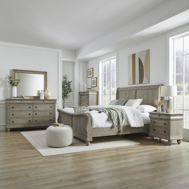 Ensemble de lit-bateau grand lit, commode et miroir Lenny, Brun clair, Grand