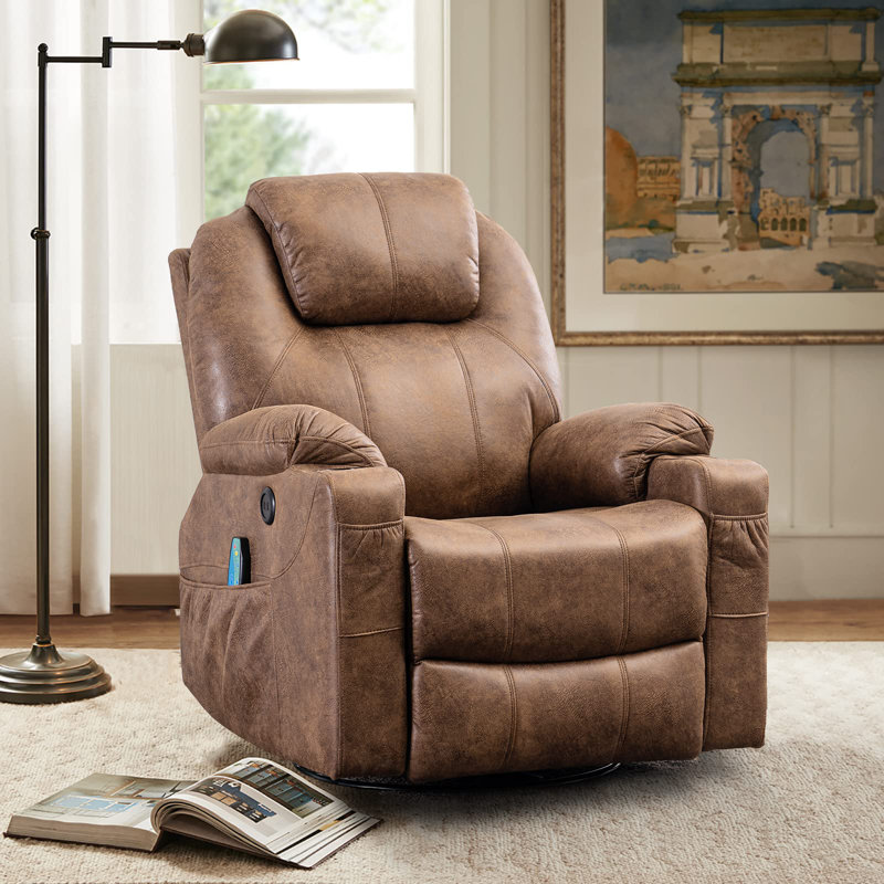 Fauteuil inclinable pivotant manuel en similicuir de 35 po de large Deauna, Brun (tissu suède bronzé)