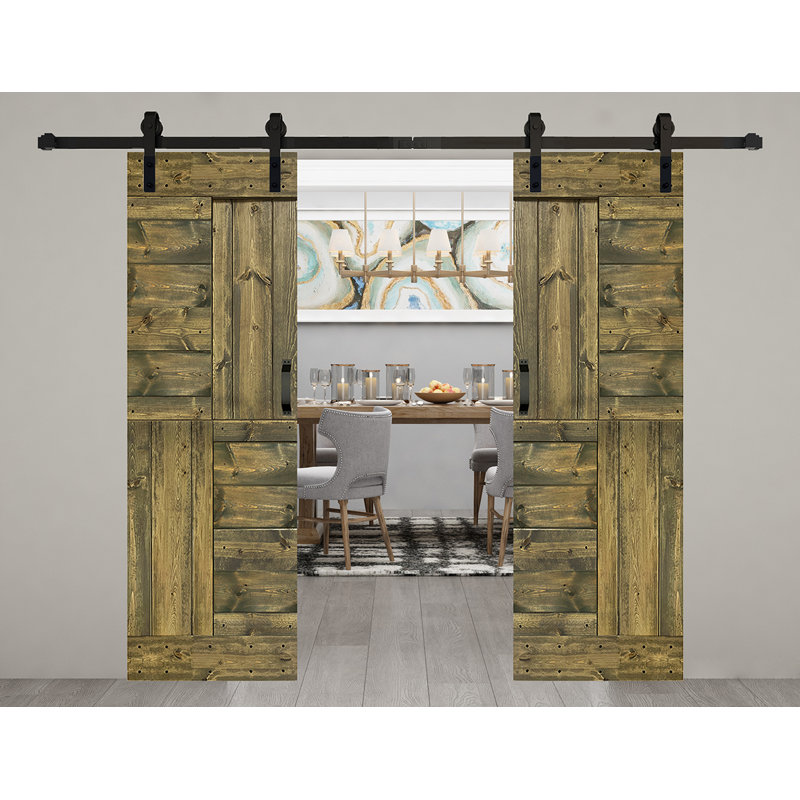 Porte de grange coulissante double en bois massif avec trousse de quincaillerie brevetée S Series - assemblage requis