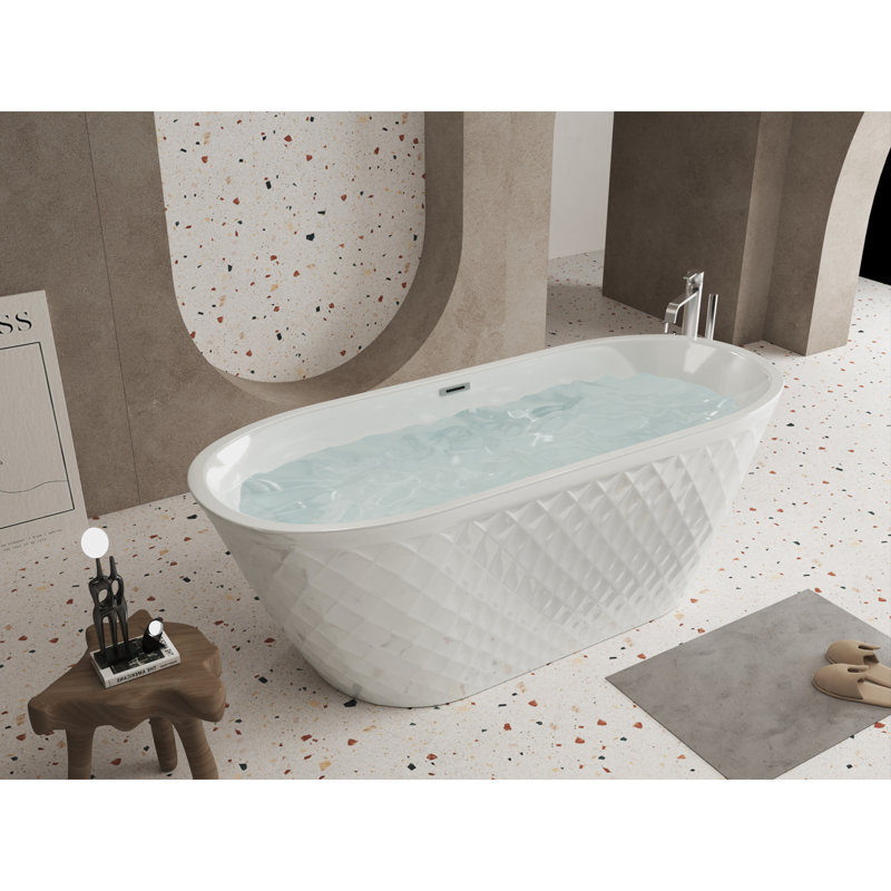 59'' Acrylic Freestanding Bathtub With Unique Diamond Pattern Design: Spacious Oval Shape,  Gloss White Finish, Chrome Overflow And Pop-Up Drain CUPC Certificate
