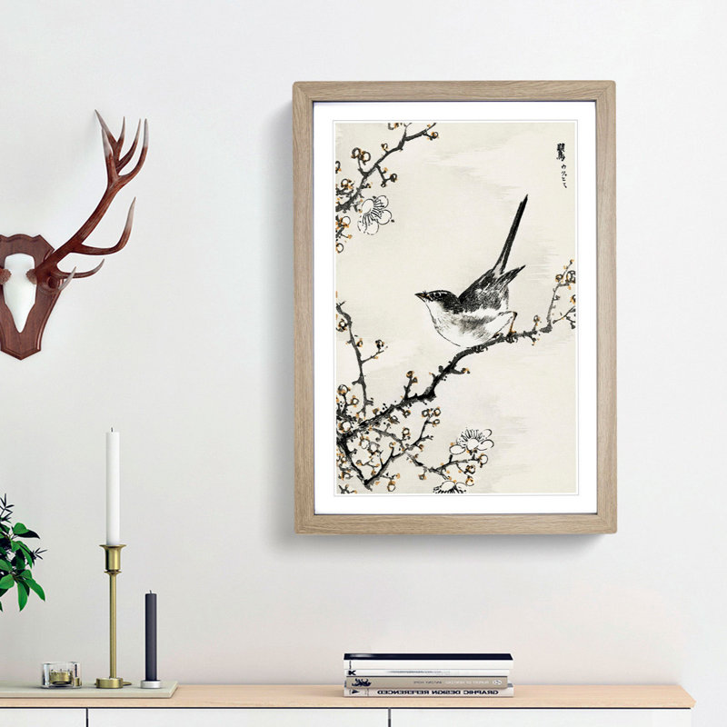 Bush-Warbler & White Plum Tree by Numata Kashu - Picture Frame Art Print, 87cm H x 62cm W x 2cm D, Oak Framed