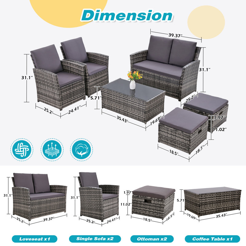 Ensemble de conversation modulaire 6 pièces avec coussins et table basse, Gris