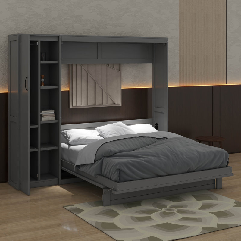 Grand lit escamotable mural avec garde-robe, tablettes et lumières DEL, gris