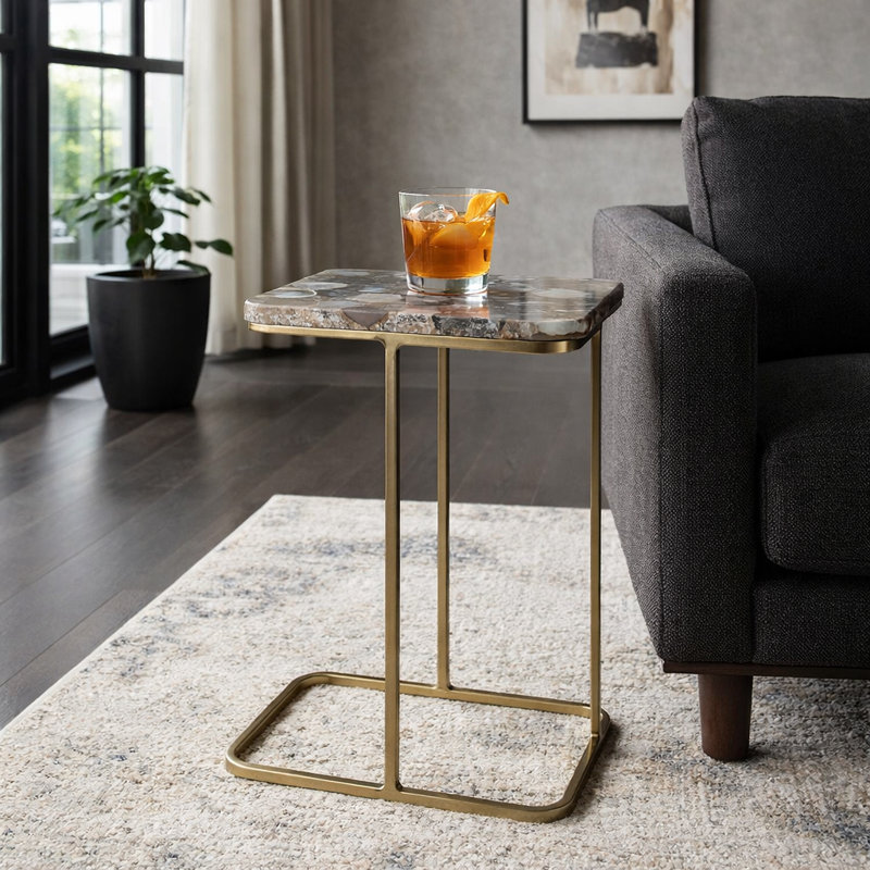 Table de bout rectangulaire avec plateau en agate et base en métal pour le salon, Blue