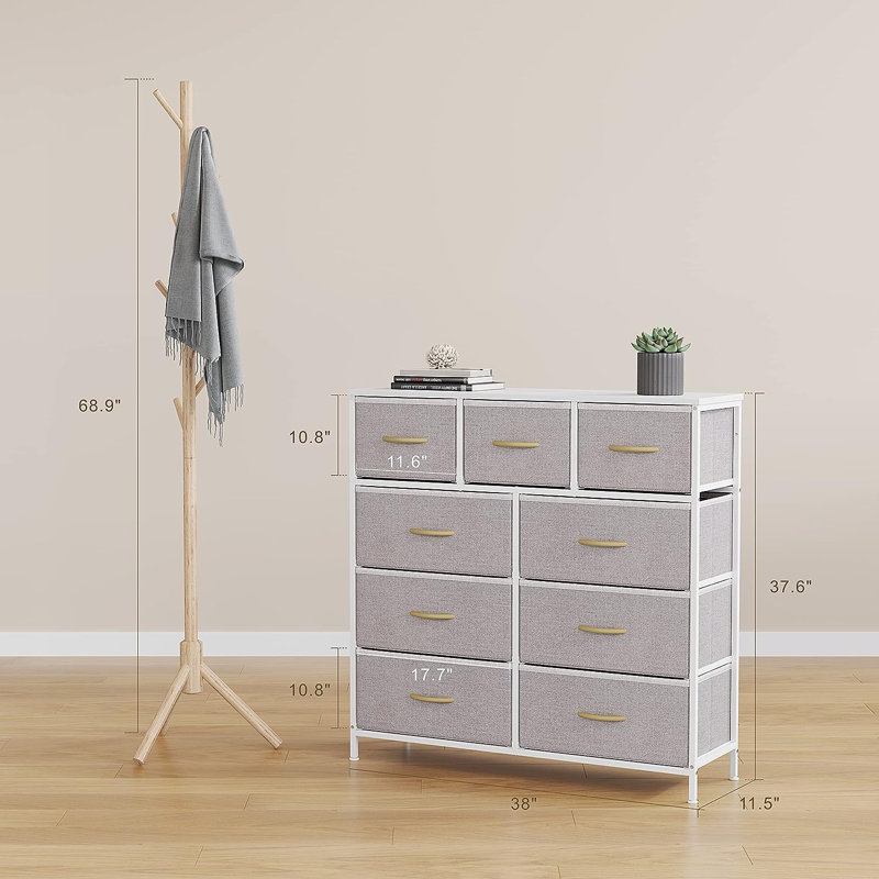 Commode 9 tiroirs Jazsmin, Gris clair
