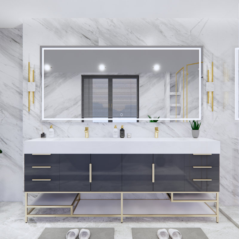 Glasgow 84'' Double Bathroom Vanity with Acrylic Top, High Gloss Dark Gray