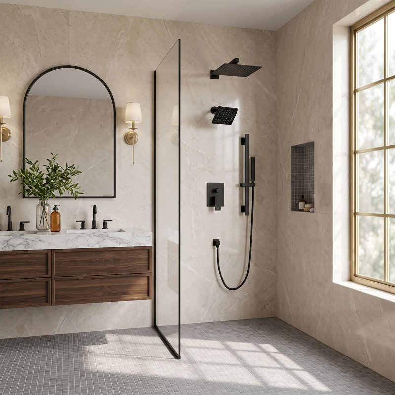 Système de douche double mural complet contemporain avec valve à pression équilibrée sans plomb avec douche à main à barre coulissante Contemporary