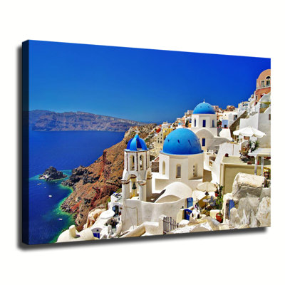 beautiful santorini greece aegean island Canvas Wall Art Framed Ready to Hang Living Room Bedroom Home Decor