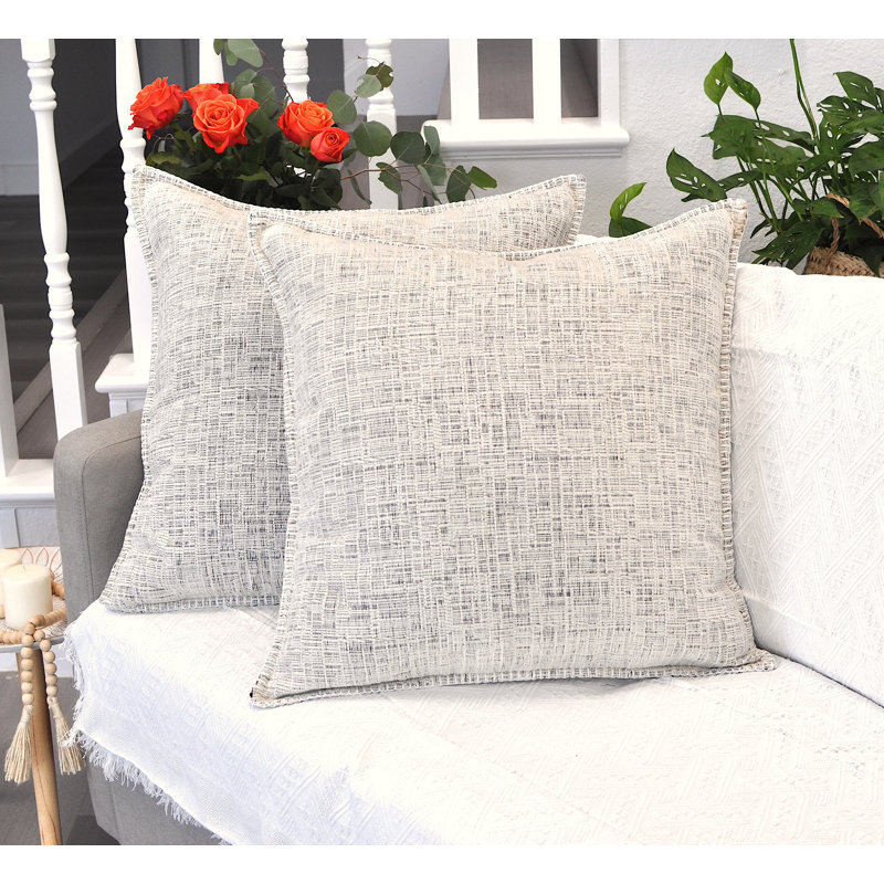 Cream White Chenille Square Throw Pillow Covers with Piped Edges, Set of 2