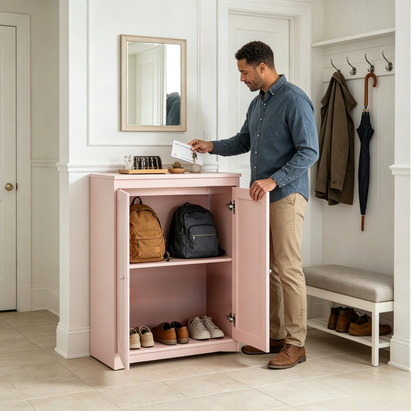 Armoire de rangement d'appoint rose à 2 portes, armoire latérale autoportante en bois pour rangement