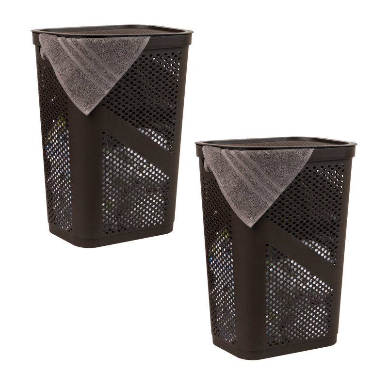  60L Slim Laundry Hamper, Clothes Basket, Lid, Ventilated, Plastic, 17.25"L x 13.75"W x 23.5"H, 2-Pack, Brown