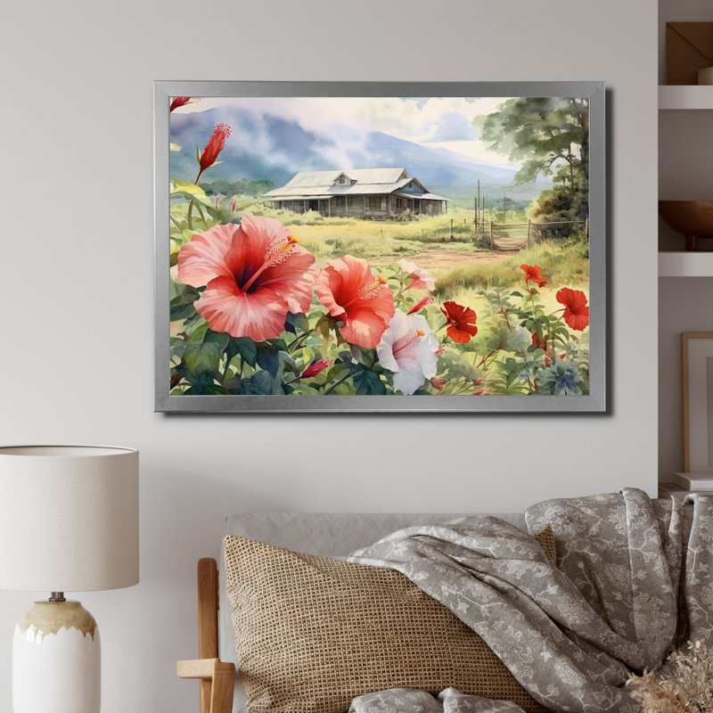 «Pink Green Hibiscus Harmony I» sur toile, Cadre photo argenté, H 16 po x l 32 po x P 1 po